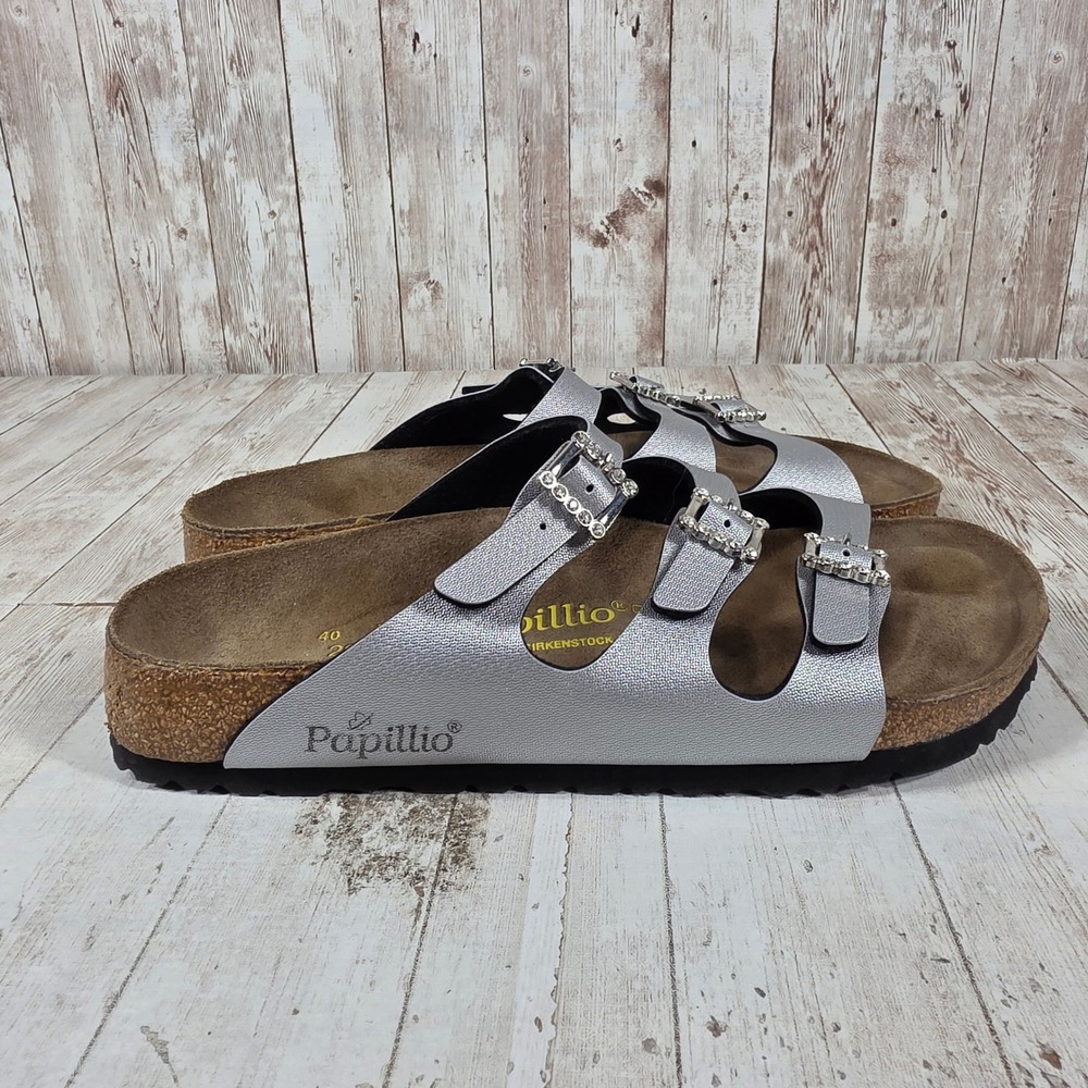 Papillio Birkenstock Florida Silver Metallic Rhinestone Buckle Sandals Womens 40